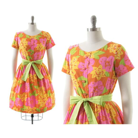 Vintage Dresses & Skirts - Vintage 1950s Dress 50s MODE O DAY Pink Floral Print Cotton Full Skirt Fit Flare